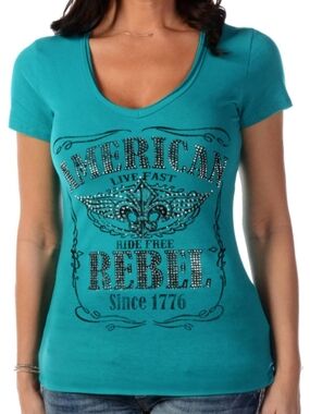 NWT. American Rebel Teal V-Neck Bling Graphic Fluer De Lis Biker Top Size XL